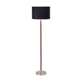 Gianni floor lamp, 157cm tall, with a black drum fabric shade and slender wood-effect stem on a round brushed silver base, shown on a plain white background.