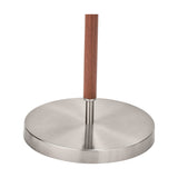 Close-up of the Gianni floor lamp's round brushed silver base with a wood-effect pole, shown on a plain white background.