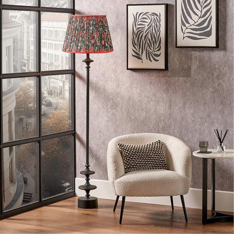 Emilio Matt Black Candlestick Floor Lamp with Red Floral Shade