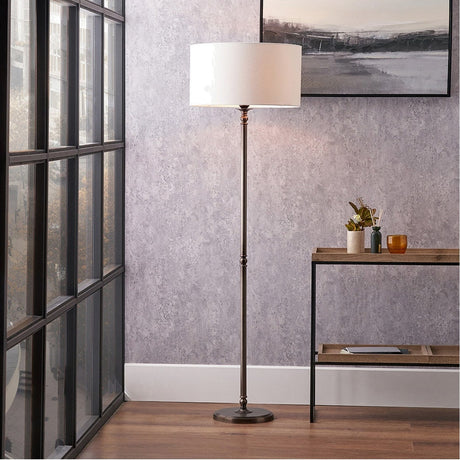 Piero Bronze Candlestick Floor Lamp with White Handloom Cylinder Shade
