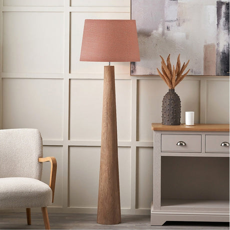 Esha Conical Wood Floor Lamp with Apricot Linen Tapered Shade - 154cm
