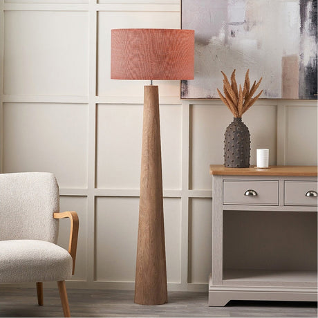Esha Conical Wood Floor Lamp with Apricot Linen Cylinder Shade - 156cm