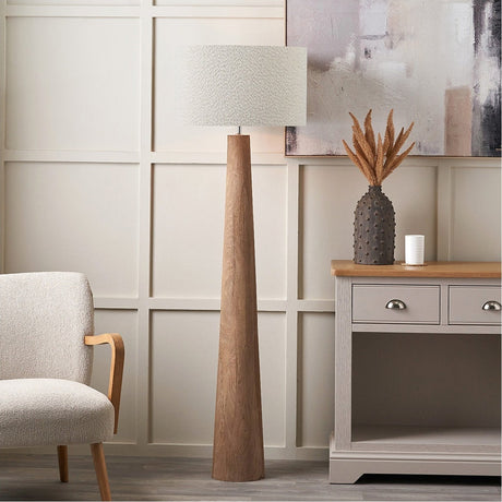 Esha Conical Wood Floor Lamp with White Boucle Cylinder Shade - 158cm