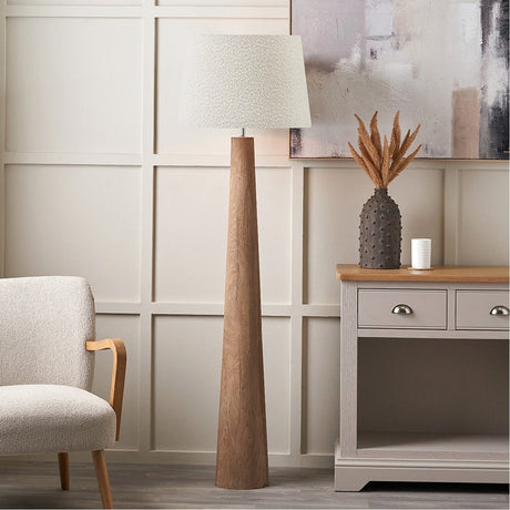 Esha Conical Wood Floor Lamp with White Boucle Tapered Shade - 154cm