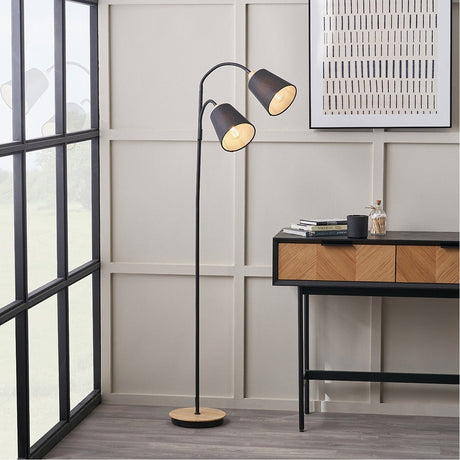 Juna Black Metal & Wood Two Head Floor Lamp - 160cm