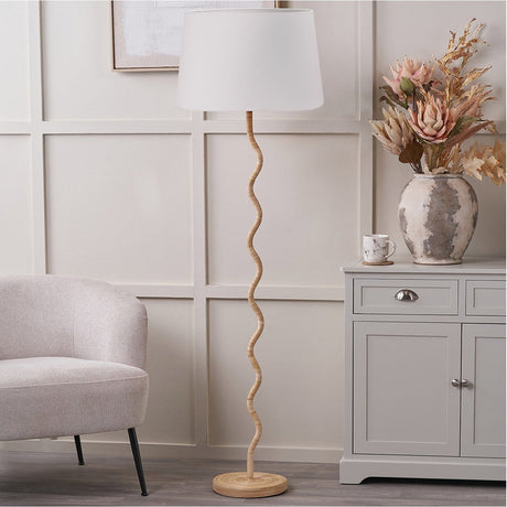 Palau Rattan Wave Floor Lamp with White Handloom Tapered Shade - 158cm