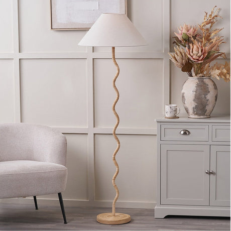 Palau Rattan Wave Floor Lamp with Slubby Hopsack Empire Shade - 152cm