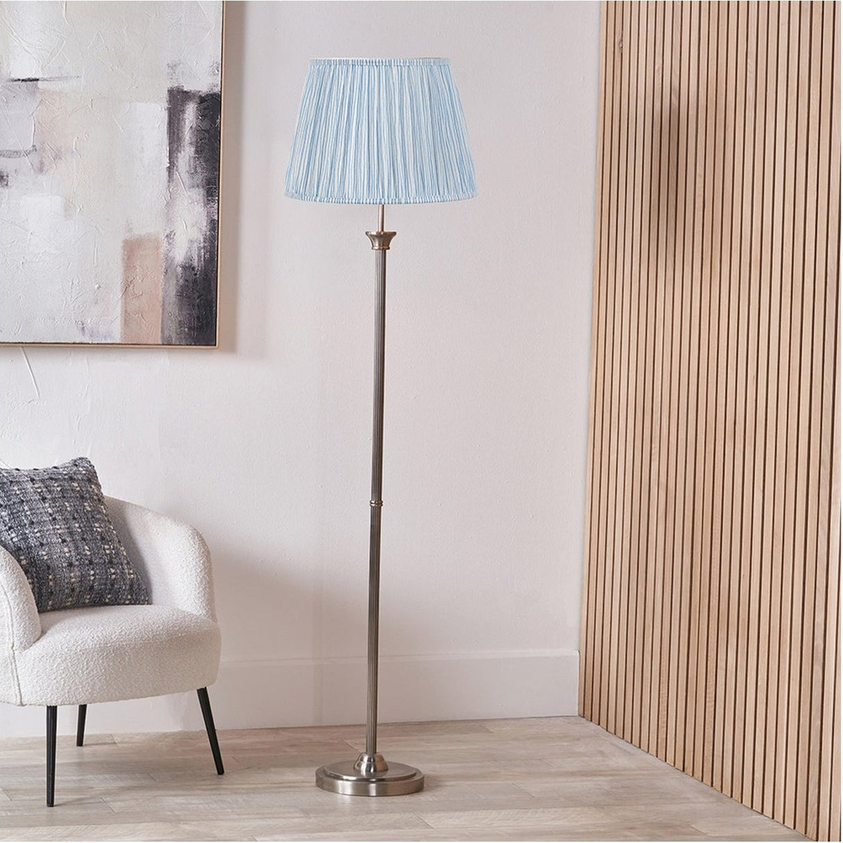 Palau Rattan Wave Floor Lamp with Ocean Blue Stripe Shade - 163cm