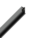 A close-up view of the Luxeon Slim Recessed Magnetic Track 1m in black, made from durable aluminum, displayed against a white background. The design features a rectangular shape with grooves along its length, ideal for seamlessly attaching lighting fixtures.