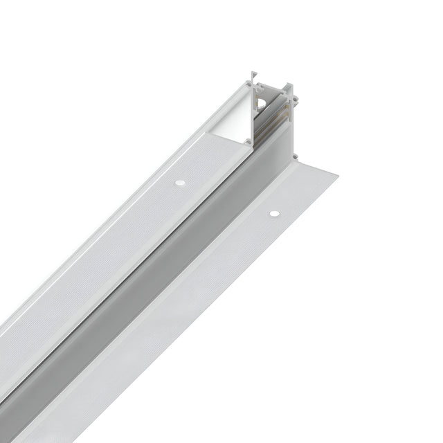 A close-up of the Luxeon Slim Recessed Magnetic Track 2m in white, showcasing its long, rectangular metallic design reminiscent of a magnetic lighting fixture or architectural beam against a white background. It features a grid-like pattern on one side and offers adaptable lighting solutions with its sleek design.