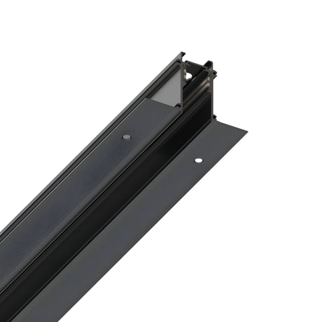 A close-up view of a black Luxeon-2 Recessed Magnetic Track 1m system showcases its dual parallel aluminium bars with mounting holes, suggesting durability, as it runs diagonally across the image.