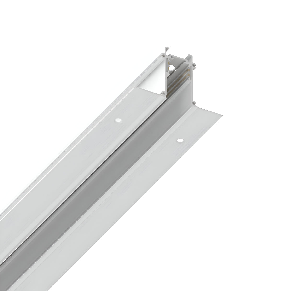 Close-up of the Luxeon-1 Recessed Magnetic Track in white, measuring 1 meter. It features a long, rectangular channel with a clear cover and mounting brackets on each side. This sleek design is perfect for supporting wires, cables, or lighting equipment in modern interiors.