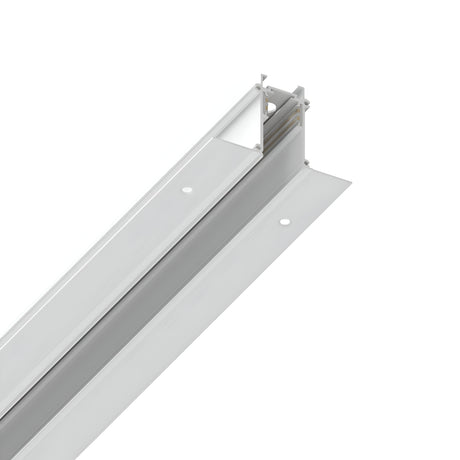 Close-up of the Luxeon-1 Recessed Magnetic Track in white, measuring 1 meter. It features a long, rectangular channel with a clear cover and mounting brackets on each side. This sleek design is perfect for supporting wires, cables, or lighting equipment in modern interiors.