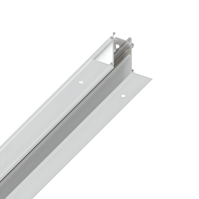 Close-up of the Luxeon-1 Recessed Magnetic Track in white, measuring 1 meter. It features a long, rectangular channel with a clear cover and mounting brackets on each side. This sleek design is perfect for supporting wires, cables, or lighting equipment in modern interiors.