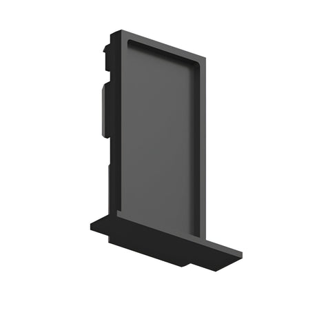 The Luxeon-2 Recessed Trim End Power Cap Track in black is a sleek, minimalist rectangular vertical stand for electronic devices. It features a flat base and a slot for attachment, seamlessly integrating with any Luxeon-2 Recessed Trim setup.