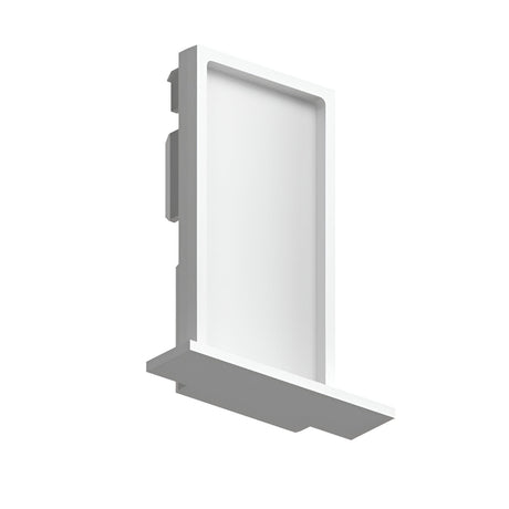 The Luxeon-2 Recessed Trim End PowerCap Track in white is a sleek and modern wall-mounted accessory with a rectangular design and a subtle ledge at the bottom. Its minimalist style includes an integrated end cap, allowing it to seamlessly complement any decor, making it ideal for showcasing small items.