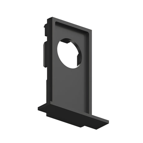 The Luxeon-1 Recessed Trim End Power Cap Track in black is a plastic mounting bracket with a circular cutout and a flat base, perfect for installing recessed track lighting. Its sleek black finish suggests it is intended for attaching or holding specific objects. The bracket has a rectangular shape with a protruding lip at the bottom.