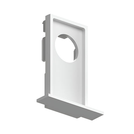 Introducing the Luxeon-1 Recessed Trim End Power Cap Track in white, a plastic wall mount bracket with a circular cutout. It boasts a rectangular base and a protruding ledge, making it an ideal choice for track lighting installations while providing a sleek appearance.