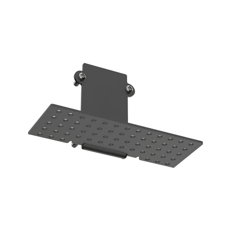 The Luxeon-2 Recessed End Power Cap Track - Black is a rectangular metal bracket in a dark gray hue, featuring multiple circular holes and two screws at the top for mounting. It is perfect for track lighting installations, extending horizontally with a perforated platform design compatible with Luxeon-2 End Power Cap systems.