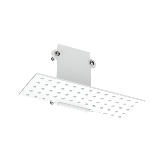 Introducing the Luxeon-2 Recessed End Power Cap Track in white, featuring a modern rectangular design with multiple nozzles mounted on a wall bracket. Its sleek and minimalist aesthetic enhances its contemporary style, making it an ideal addition to chic bathrooms.