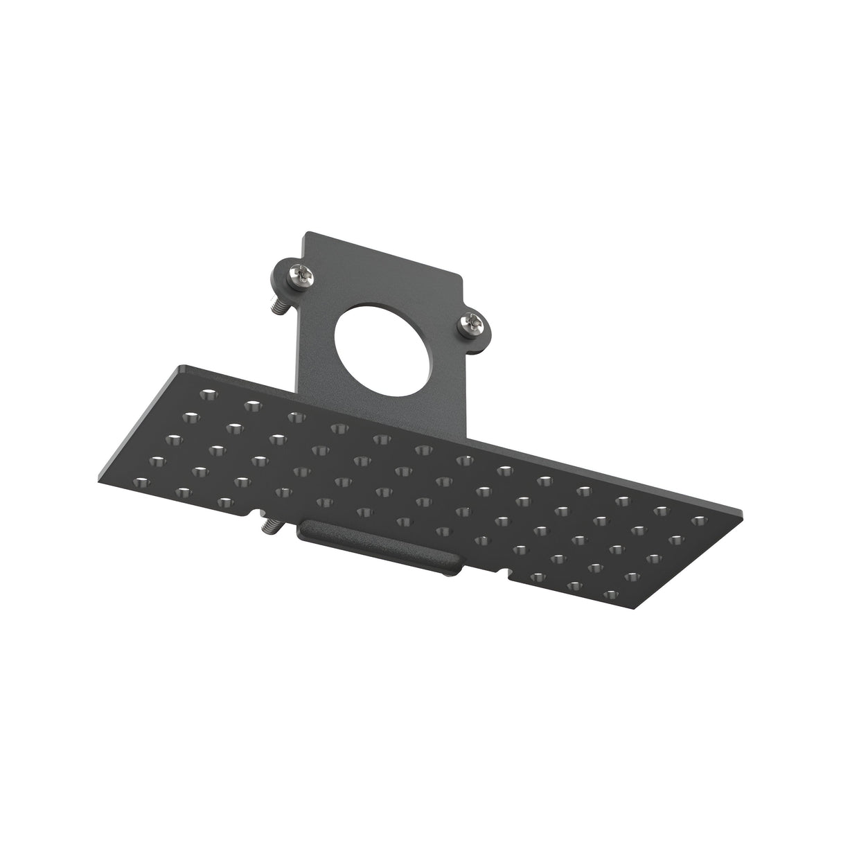 A rectangular metal shower head with a black finish features multiple evenly spaced water nozzles and includes a circular attachment for mounting on top, mirroring the sleek elegance characteristic of the Luxeon-1 Recessed End Power Cap Track - Black design.