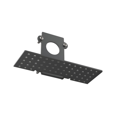 A rectangular metal shower head with a black finish features multiple evenly spaced water nozzles and includes a circular attachment for mounting on top, mirroring the sleek elegance characteristic of the Luxeon-1 Recessed End Power Cap Track - Black design.