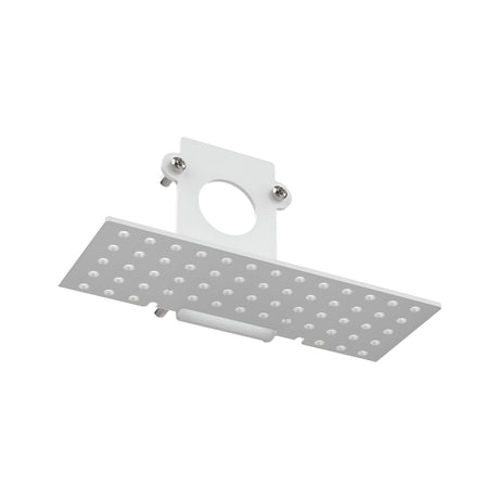 A white, rectangular LED ceiling light fixture featuring Luxeon-1 Recessed End Power Cap Track technology for enhanced brightness. Its sleek design includes a grid of evenly spaced circular bulbs, and it is affixed with a mount featuring two visible screws for secure attachment.