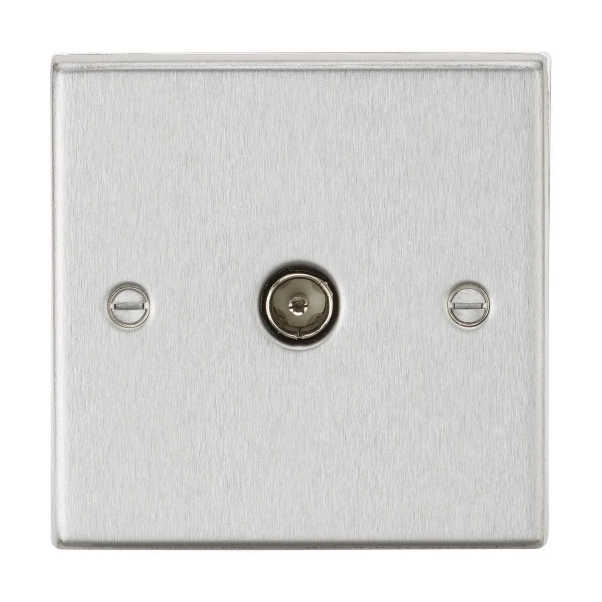The TV Outlet (Non-Isolated) - Brushed Chrome (Square Edge) is a metallic wall plate designed with a central coaxial TV outlet, complemented by two screws for mounting on either side. Its brushed chrome finish and square edge design bestow a sleek and modern appearance to the plate.