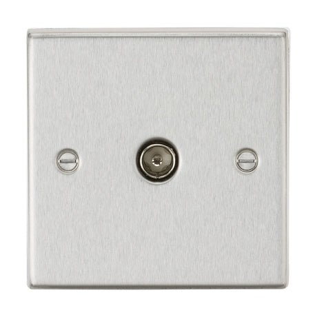The TV Outlet (Non-Isolated) - Brushed Chrome (Square Edge) is a metallic wall plate designed with a central coaxial TV outlet, complemented by two screws for mounting on either side. Its brushed chrome finish and square edge design bestow a sleek and modern appearance to the plate.