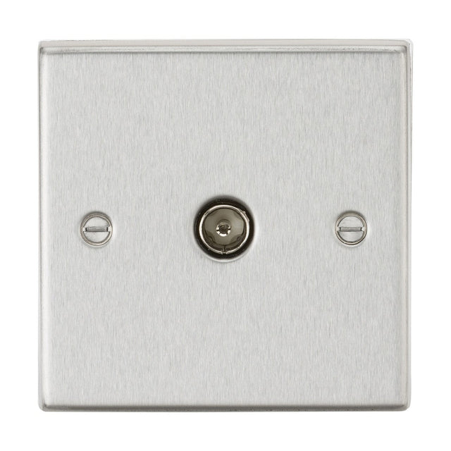 The TV Outlet (Non-Isolated) - Brushed Chrome (Square Edge) is a metallic wall plate designed with a central coaxial TV outlet, complemented by two screws for mounting on either side. Its brushed chrome finish and square edge design bestow a sleek and modern appearance to the plate.