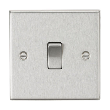 The 10AX 1 Gang Intermediate Switch in brushed chrome boasts a sleek design with a single toggle, gracefully set on a rectangular plate and visible screws flanking each side. Its square edge design introduces modern sophistication into any room.