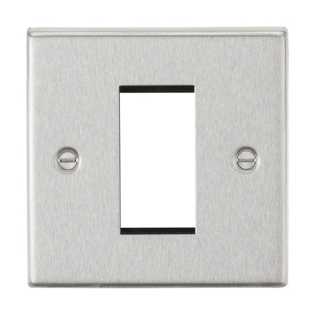 The 1 Gang Modular Faceplate - Brushed Chrome (Square Edge) is designed with a single rectangular cutout in the center, making it ideal for an elegant euro module setup. Set against a plain white background, the faceplate includes two screw holes for easy installation.