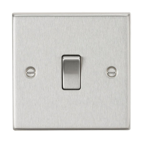 This 10AX 1 Gang 2-Way Plate Switch in brushed chrome features a single toggle, with two visible screws for a sleek, modern look that embodies a contemporary style, and square edges complete the design.