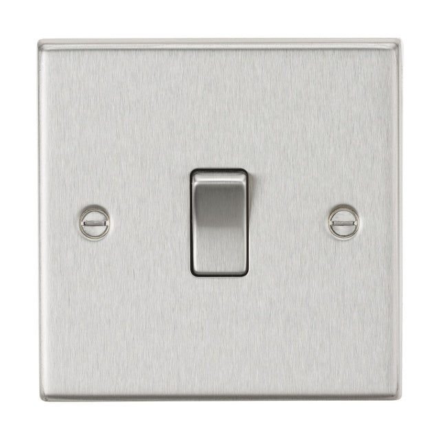 This 10AX 1 Gang 2-Way Plate Switch in brushed chrome features a single toggle, with two visible screws for a sleek, modern look that embodies a contemporary style, and square edges complete the design.