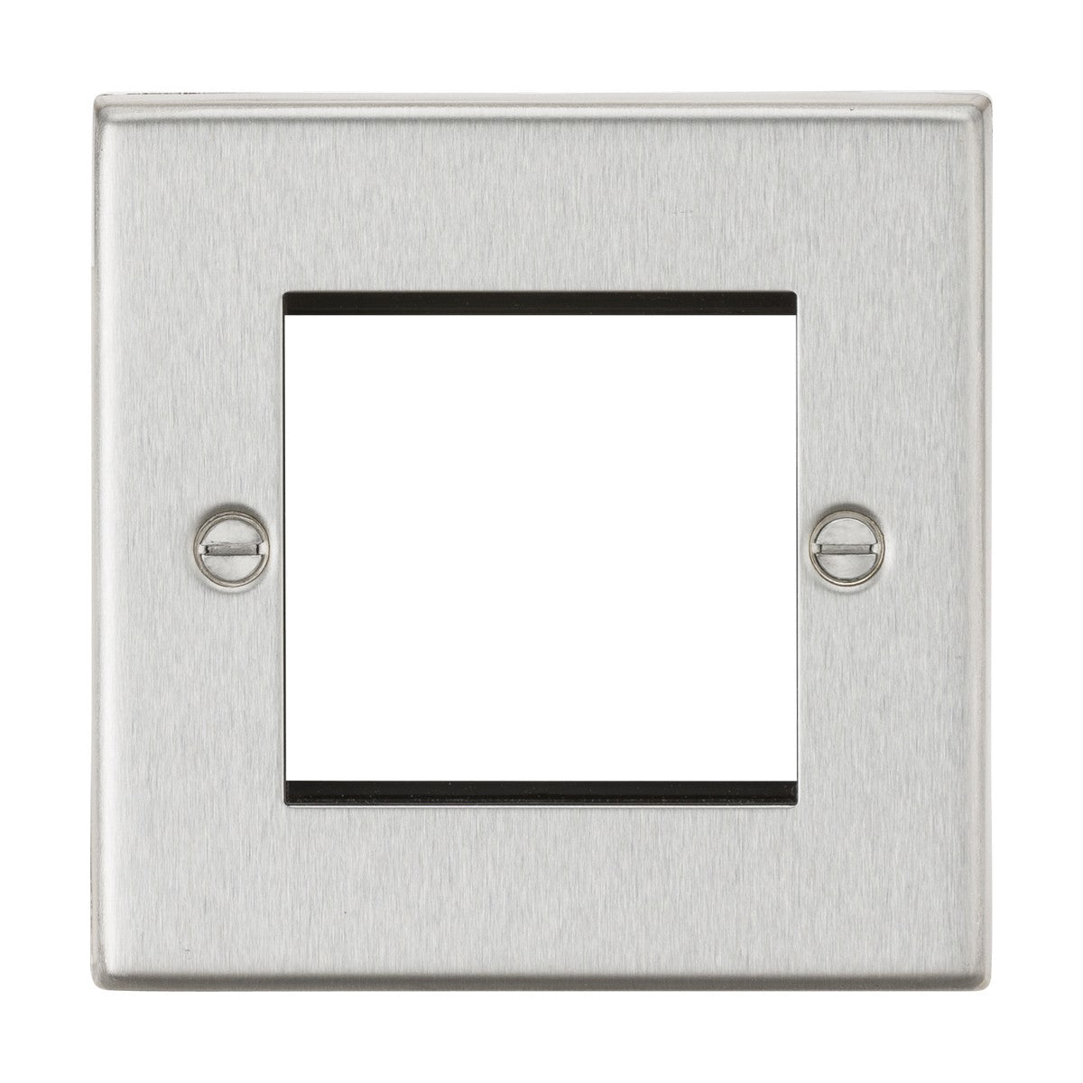 The 2 Gang Modular Faceplate - Brushed Chrome (Square Edge) features a metallic, rectangular design with a central square cutout and two visible screws on each side for installation, ideal for Euro module setups. Its surface showcases a brushed chrome finish, prepared for TV/DATA/HDMI/USB/TEL installations.