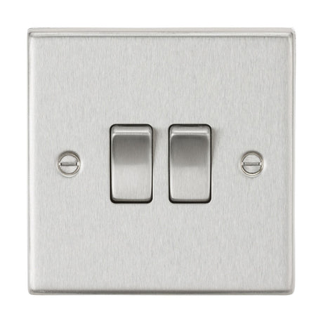 The 10AX 2 Gang 2-Way Plate Switch in brushed chrome offers a modern, sleek stainless steel design with two centrally positioned toggle switches and side screws. Its showcased on a crisp white background.