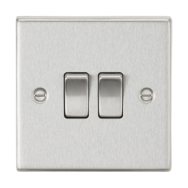 The 10AX 2 Gang 2-Way Plate Switch in brushed chrome offers a modern, sleek stainless steel design with two centrally positioned toggle switches and side screws. Its showcased on a crisp white background.
