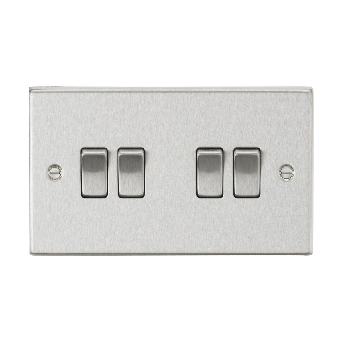 The 10AX 4 Gang 2-Way Plate Switch in brushed chrome features a square edge metal design with four switches arranged in two groups. The rectangular panel displays two visible screw holes on either side for secure wall mounting.