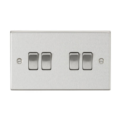 The 10AX 4 Gang 2-Way Plate Switch in brushed chrome features a square edge metal design with four switches arranged in two groups. The rectangular panel displays two visible screw holes on either side for secure wall mounting.