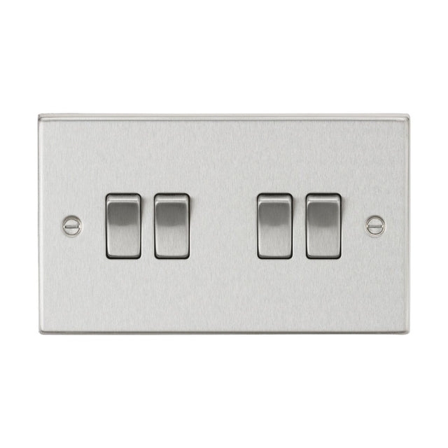 The 10AX 4 Gang 2-Way Plate Switch in brushed chrome features a square edge metal design with four switches arranged in two groups. The rectangular panel displays two visible screw holes on either side for secure wall mounting.