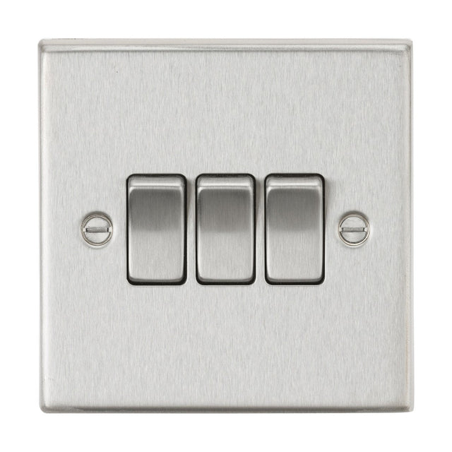 The 10AX 3 Gang 2-Way Plate Switch features a square edge metal design in brushed chrome, equipped with three rectangular switches and two visible screws on either side.