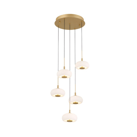 The Aurevia 5 Light LED Dome Alabaster Cluster Pendant Light features five white alabaster shades hanging at varied heights on slim black cords from a brushed brass mount, creating a modern and stylish look.