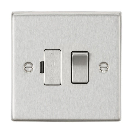 The 13A Switched Fused Spur Unit in brushed chrome with a square edge includes a switched fused spur, featuring a fuse holder on the left labeled "FUSE" for easy identification and a toggle switch on the right. This double pole plate has two visible screws, one on each side.