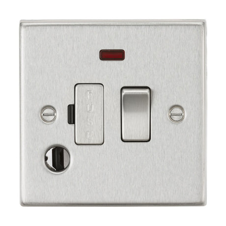 The 13A Switched Fused Spur Unit Neon & Flex Outlet - Brushed Chrome (Square Edge) includes a fused spur with an extra toggle switch on its brushed chrome electrical switch plate. A red indicator light is positioned above the toggle, and a circular keyhole can be found at the bottom left corner. The plate is designed with two visible screws.