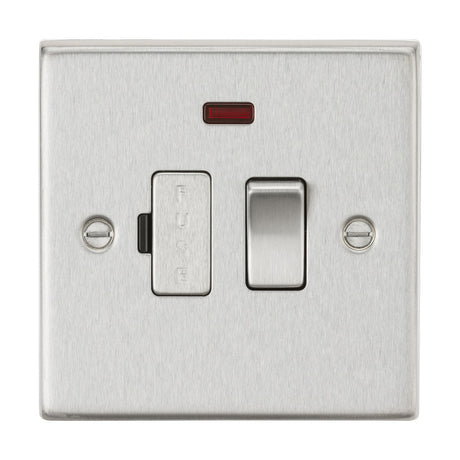 Introducing the 13A Switched Fused Spur Unit Neon - Brushed Chrome (Square Edge), a sleek brushed chrome light switch that includes a switched fused spur and an indicator light. This double pole unit features a rectangular switch and fuse holder, mounted on a square metal plate with two visible screws.