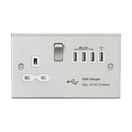 13A Switched Socket with Quad USB-A (5V DC 5.1A shared) - Brushed Chrome with White Insert