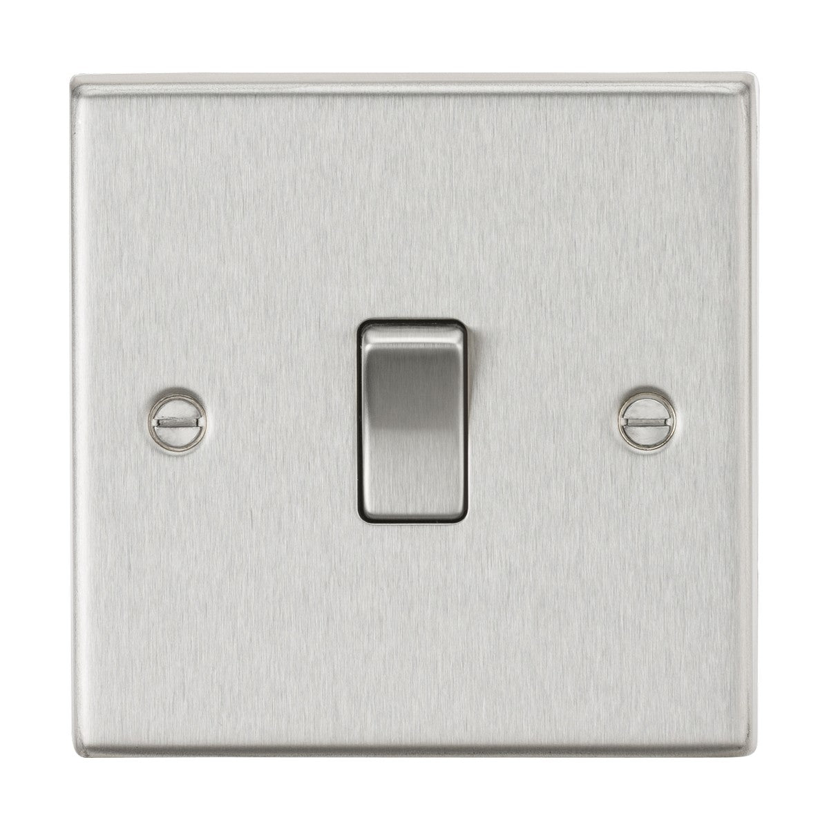 A 20A 1 Gang DP Switch - Brushed Chrome (Square Edge) is centered on the wall, featuring a single toggle in the middle. The brushed chrome plate has a sleek metallic finish, with two neatly aligned screws symmetrically placed on each side of the switch.
