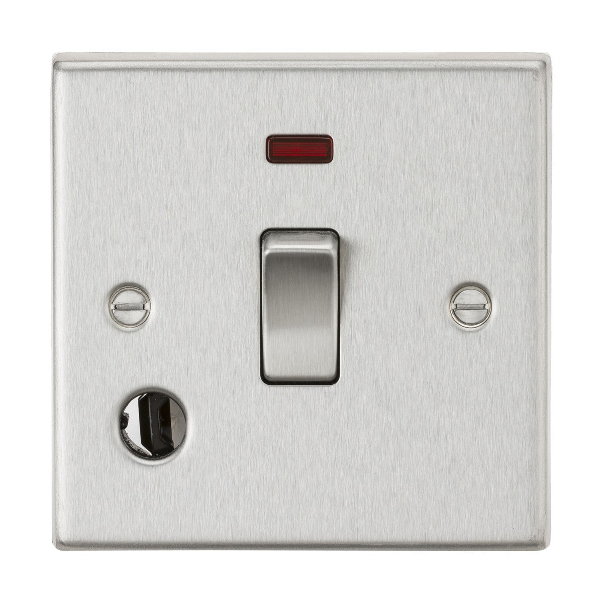 A 20A 1 Gang DP Switch Neon & Flex Outlet - Brushed Chrome (Square Edge) installed on a wall, showcasing a single toggle with a small red neon indicator light above it. The switch plate, perfect for managing water heaters, comes with two screws and includes a circular flex outlet on the bottom left.