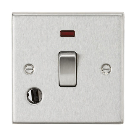 A 20A 1 Gang DP Switch Neon & Flex Outlet - Brushed Chrome (Square Edge) installed on a wall, showcasing a single toggle with a small red neon indicator light above it. The switch plate, perfect for managing water heaters, comes with two screws and includes a circular flex outlet on the bottom left.