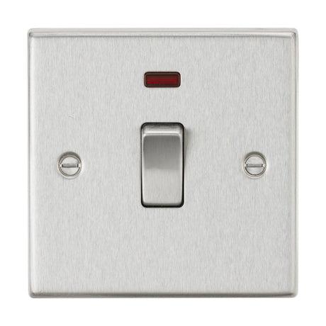 Introducing the 20A 1 Gang DP Switch Neon in Brushed Chrome with a Square Edge, ideal for managing water heaters. This switch features a convenient single toggle and includes a small red indicator light above it. The panel design incorporates two visible screws on each side for easy mounting.